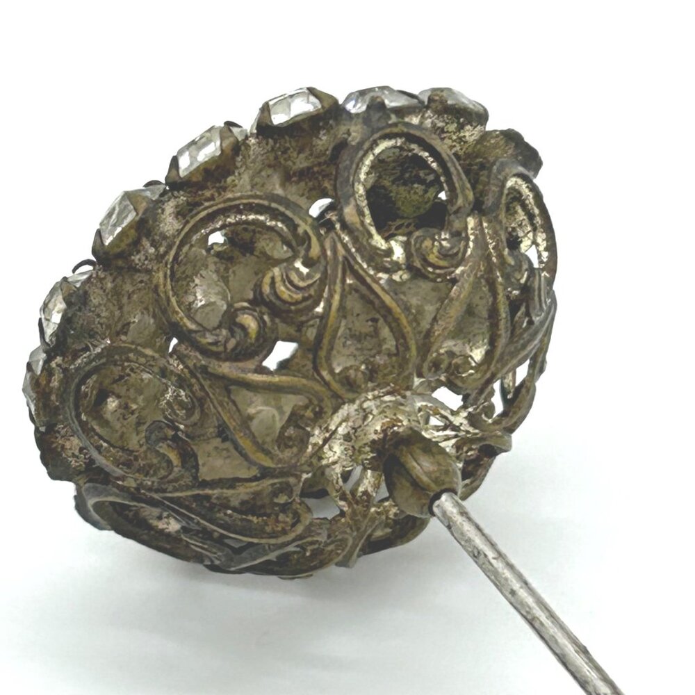 Antique Victorian Hat Pin Clear Paste Rhinestone Domed Top Filigree Back 10" - Picture 15 of 16